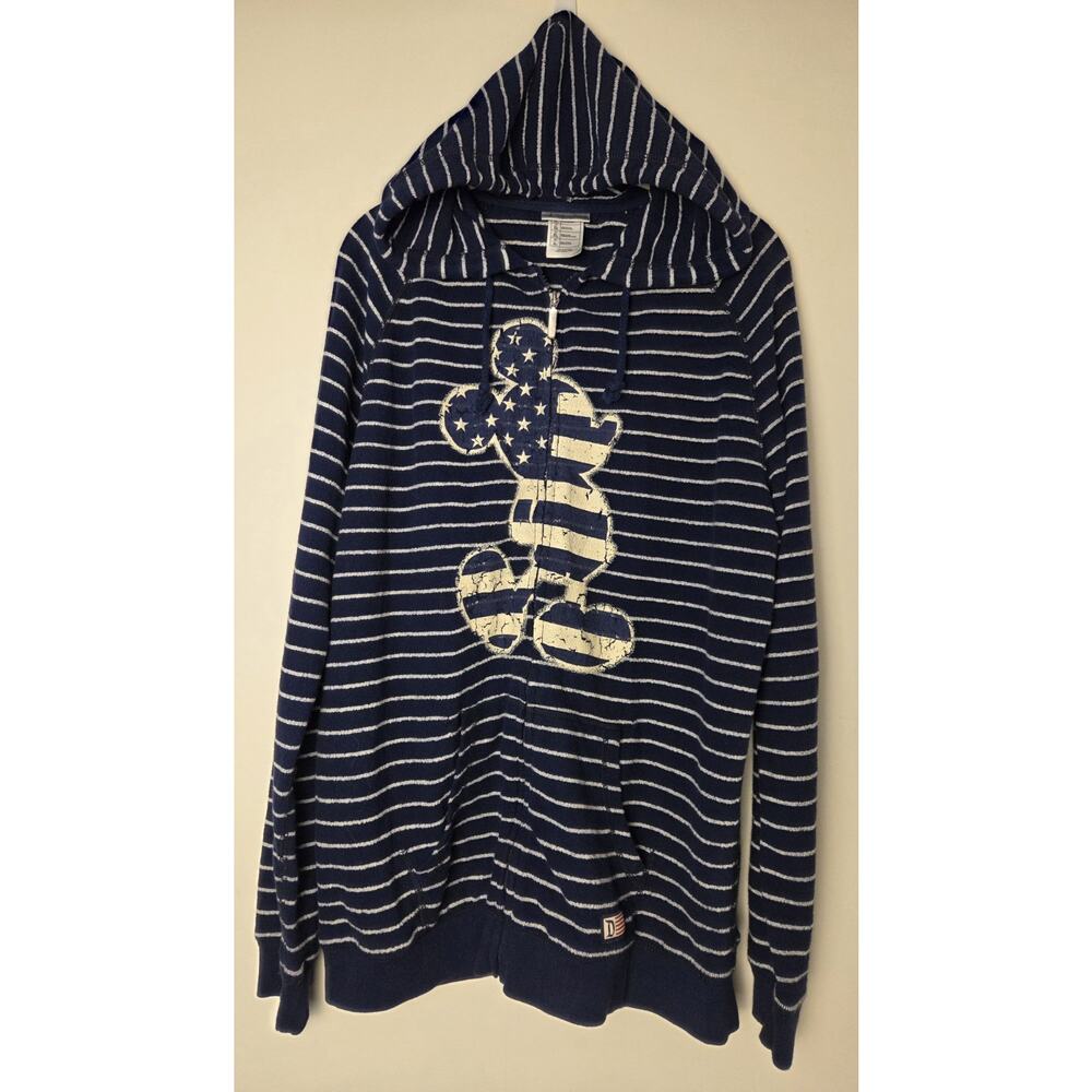 Disney Parks Hoodie Size L Mickey Mouse Blue Striped Zip Front Sweatshirt Jacket